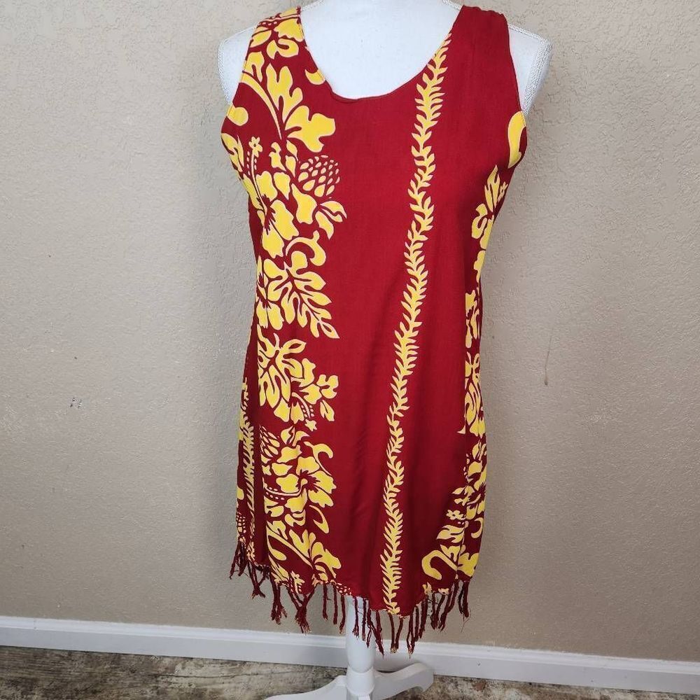 Vintage Mexican Red and Gold Print Mini Dress with Fringe (7368)